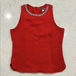 Pim + Larkin Red Quilted Sheath Cotton Office Top with Jeweled Neckline Sz Lg